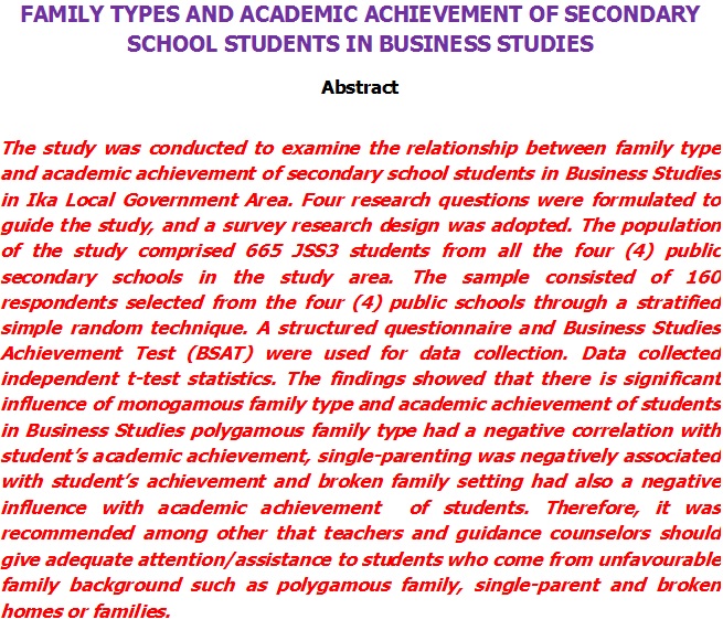 Family Types and Academic Achievement of Secondary School Students in Business Studies