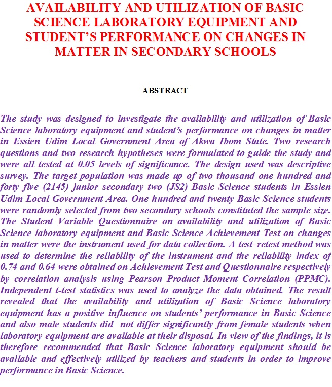Availability and Utilization of Basic Science Laboratory Equipment and Student’s Performance on Changes in Matter in Secondary Schools