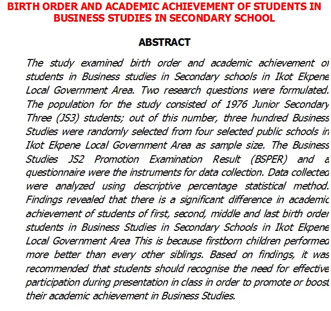Birth Order and Academic Achievement of Students in Business Studies in Secondary School
