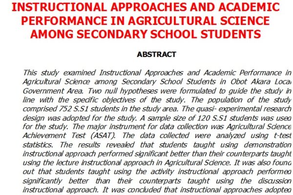 Instructional Approaches and Academic Performance in Agricultural Science among Secondary School Students